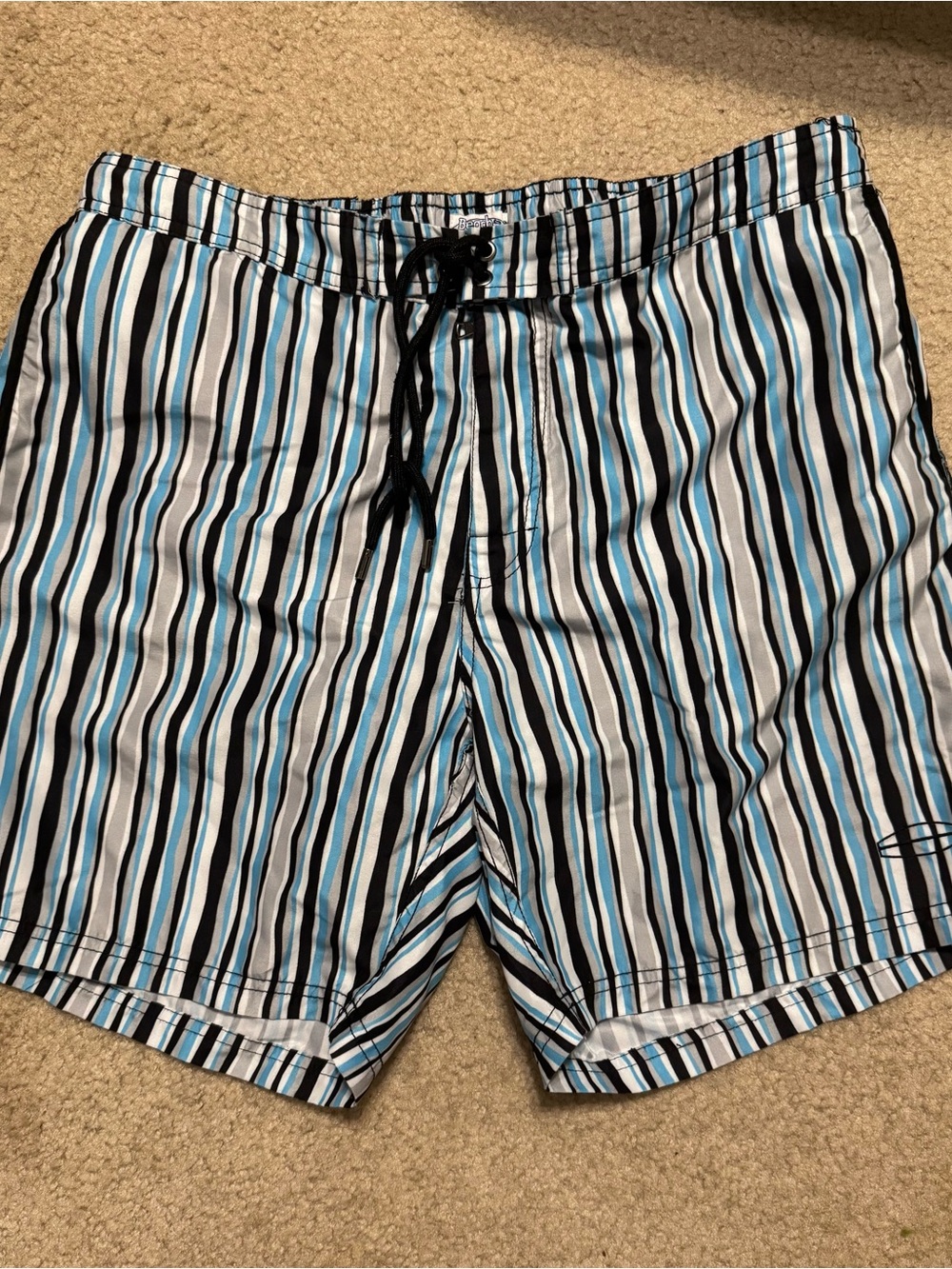 Men's Striped Blue Black White Swim Trunks with Drawstring